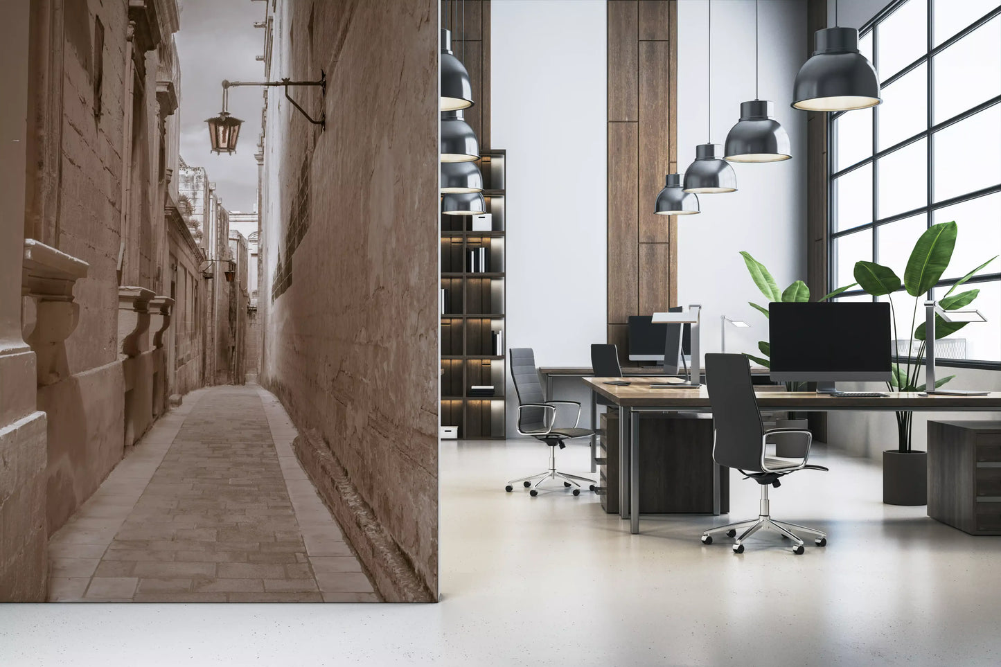 Office area framed by the sepia stone passage wall mural