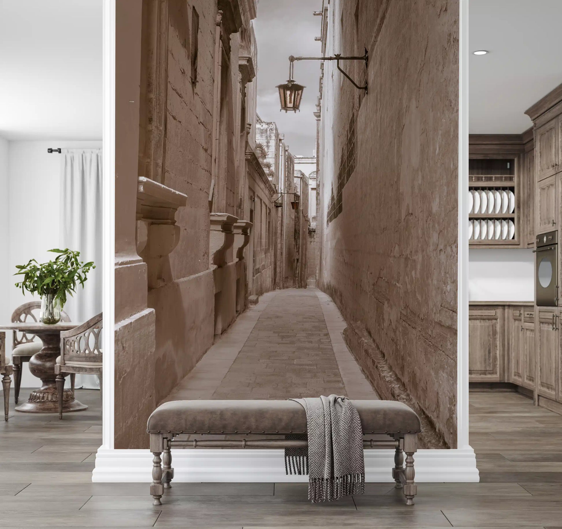 Vintage lane scene on a Hallway wall mural in warm brown tones