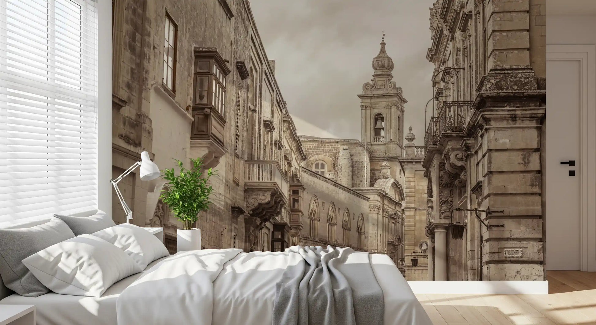 Bedroom shows the Echoes of Stone and Spire wall mural in warm tones