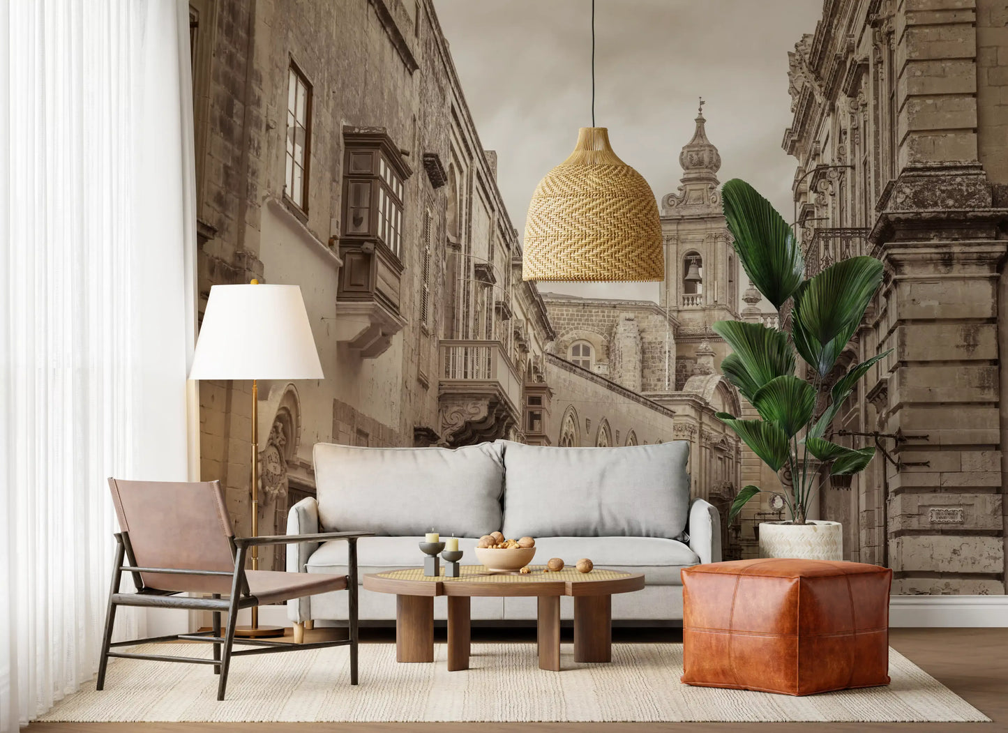 Lounge area backdrop of a sepia cityscape wall mural with a church tower