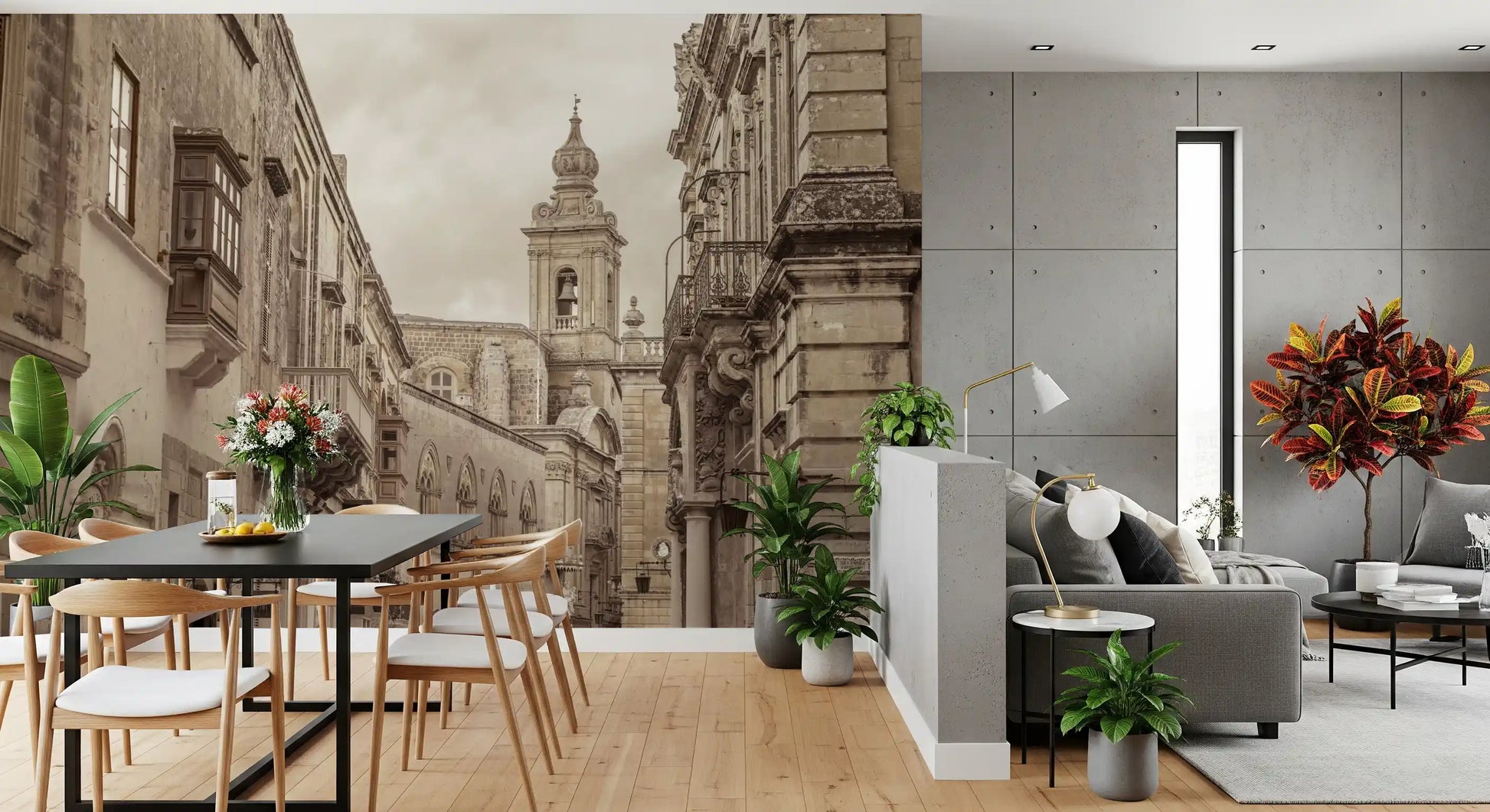Balconies and arched windows fill the Mdina cityscape wall mural