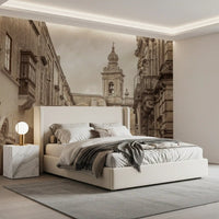 Bedroom view opens onto the Stone and Spire Mdina wall mural