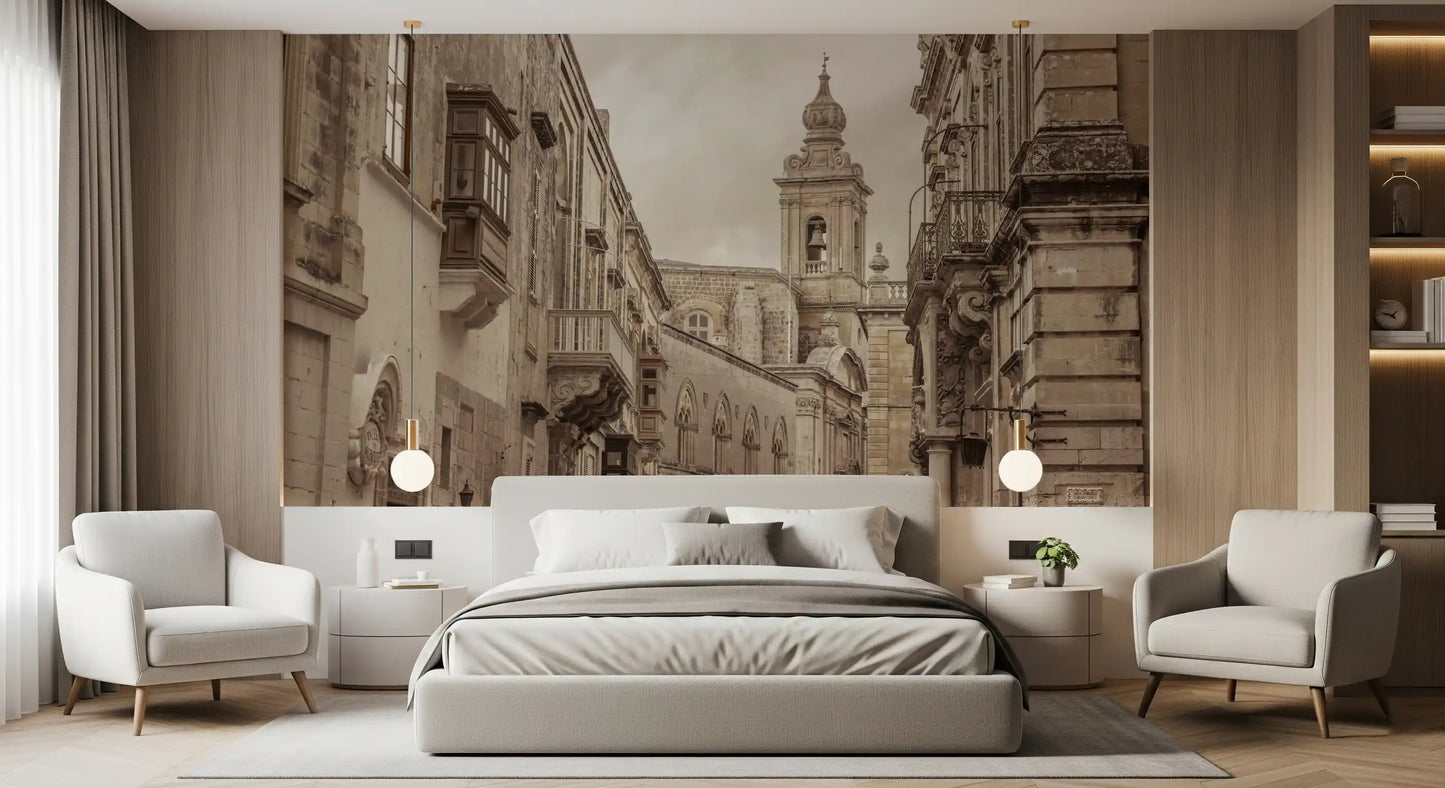 Bedroom setting holds an old-town street wall mural in muted browns
