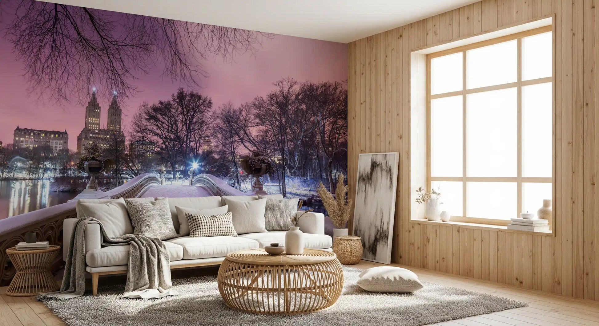 Living area framed by a winter skyline wall mural over Central Park