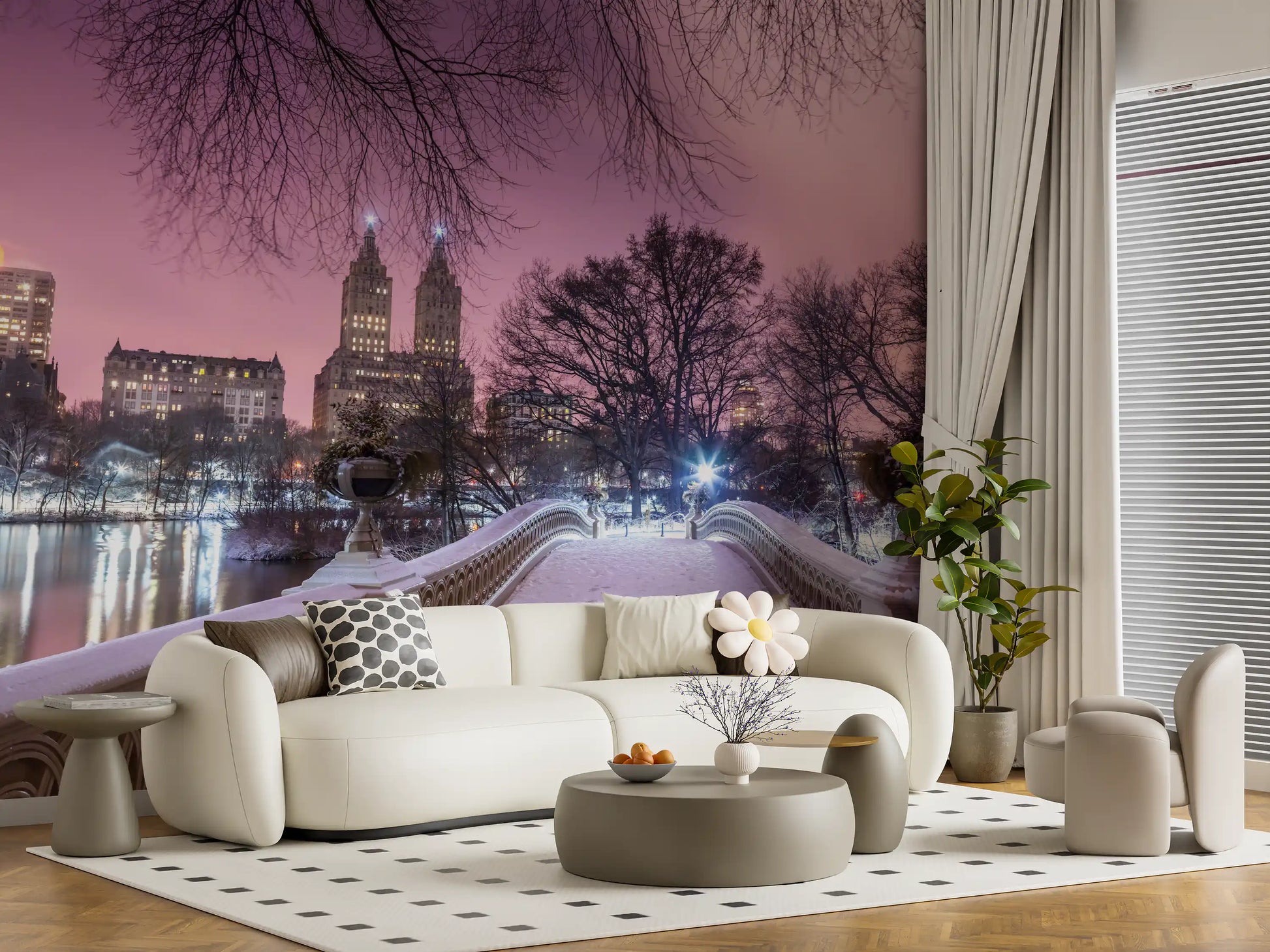 Snowy railings lead toward the skyline on this winter wall mural