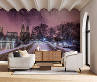 Frozen lake mirrors the city in the Bow Bridge Winter wall mural