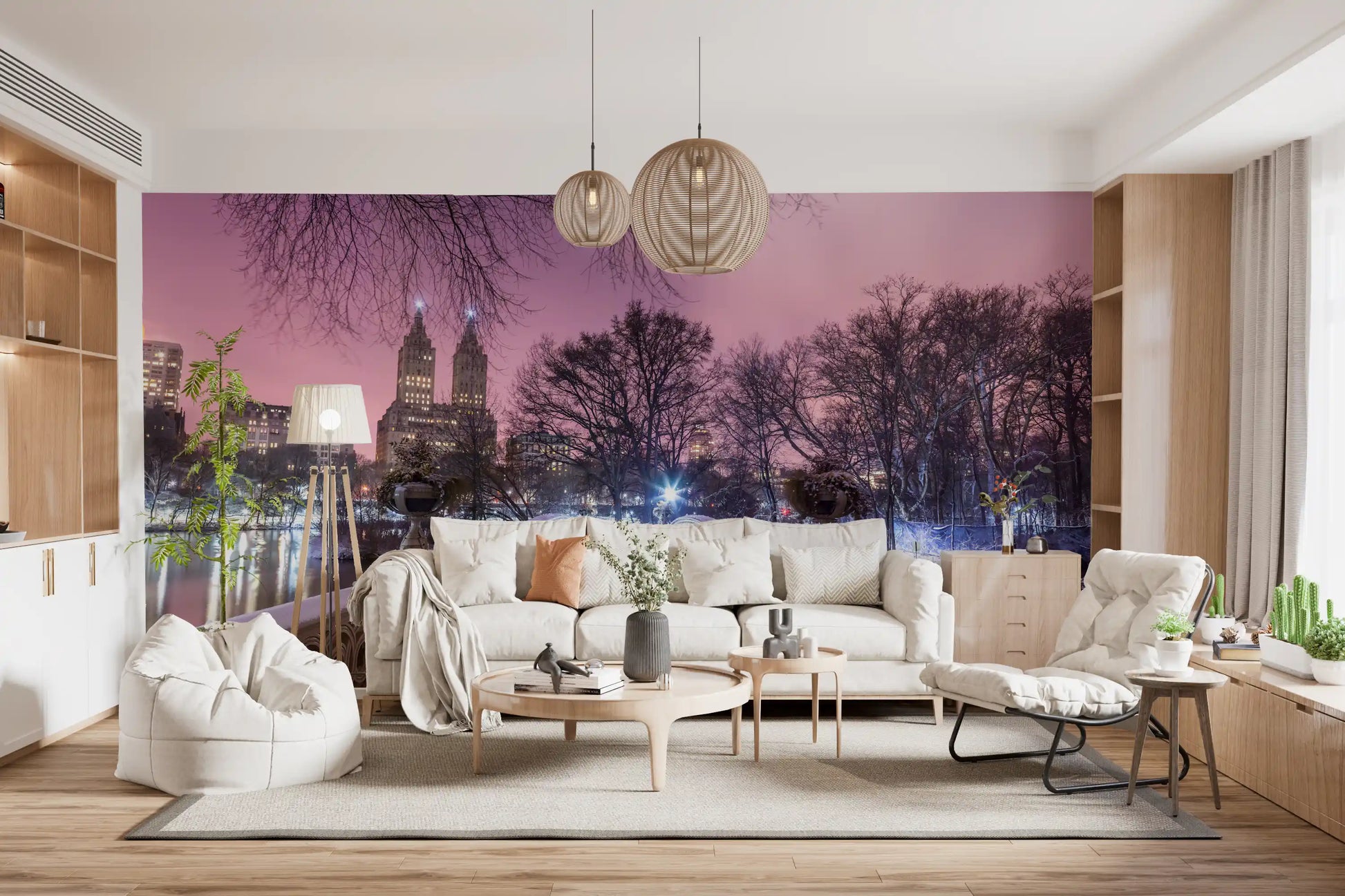 Lounge corner where the Bow Bridge Winter wall mural fills the view
