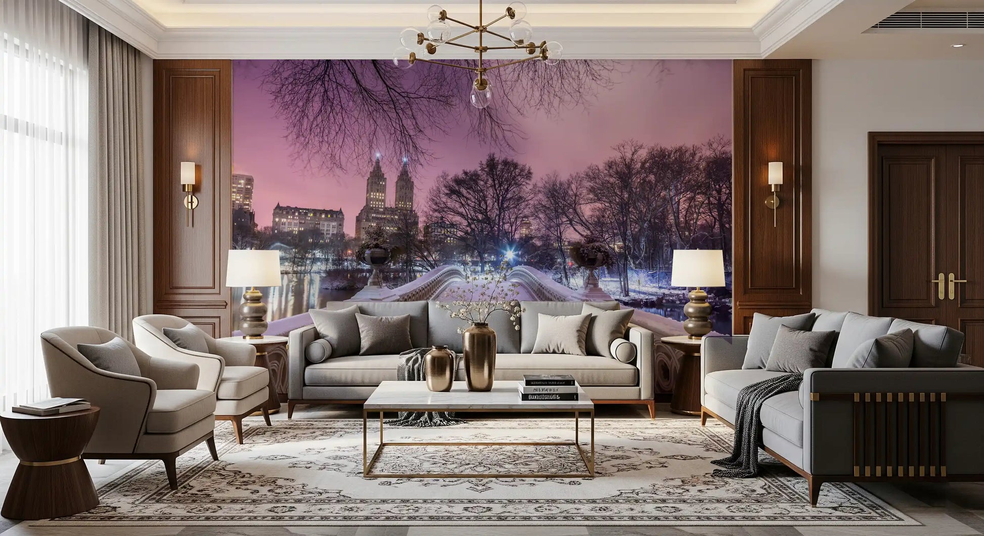 Living room  lit by the violet Bow Bridge Winter wall mural