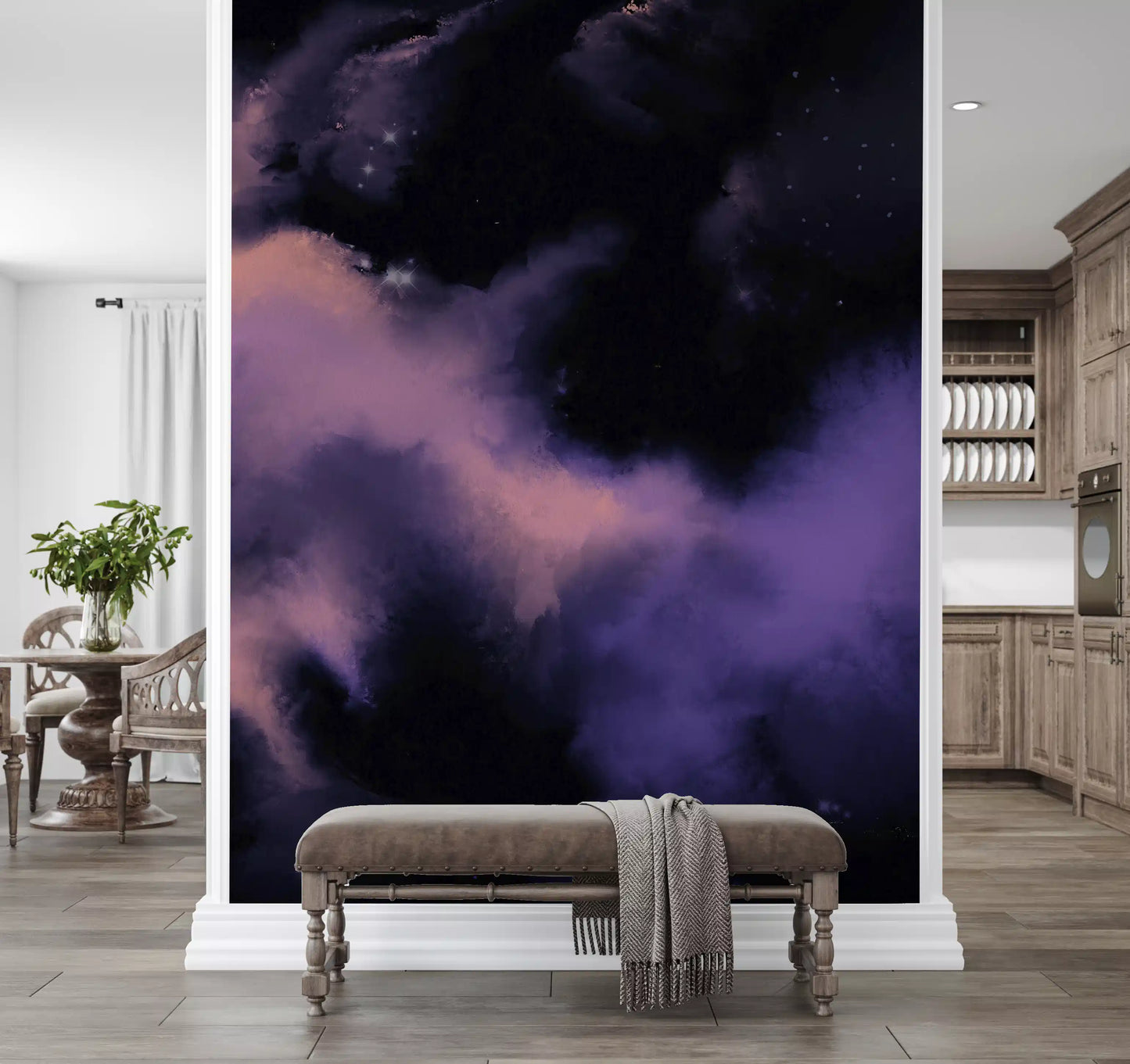 Hallway area glowing under the Nebula Galaxy cosmos wall mural
