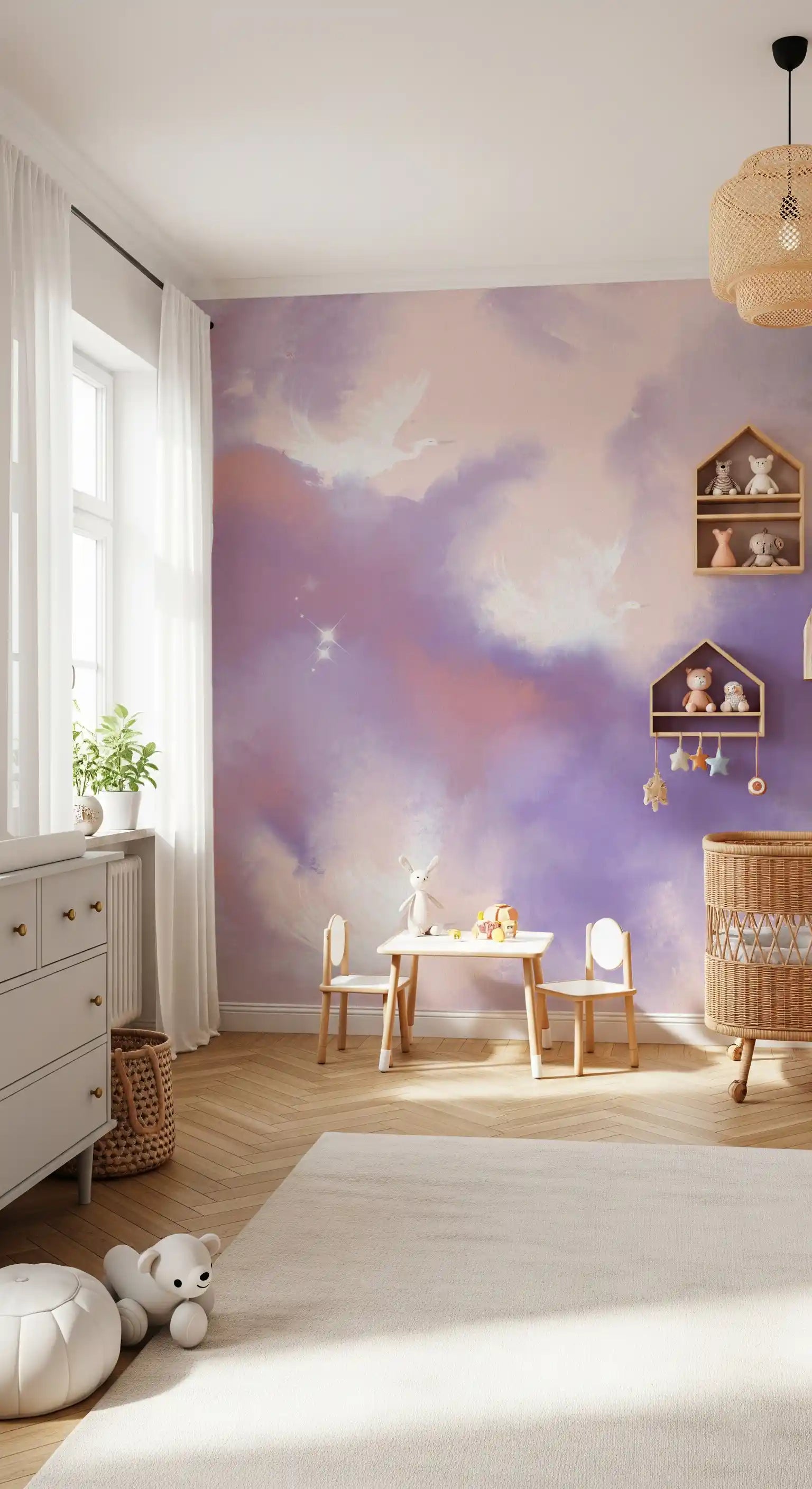 Pale wings rise into watercolour sky on this Lavender Pink Birds wall mural