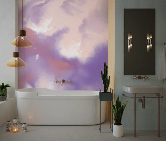 Lavender Sky Flight Birds wall mural fills a bathroom behind a freestanding tub