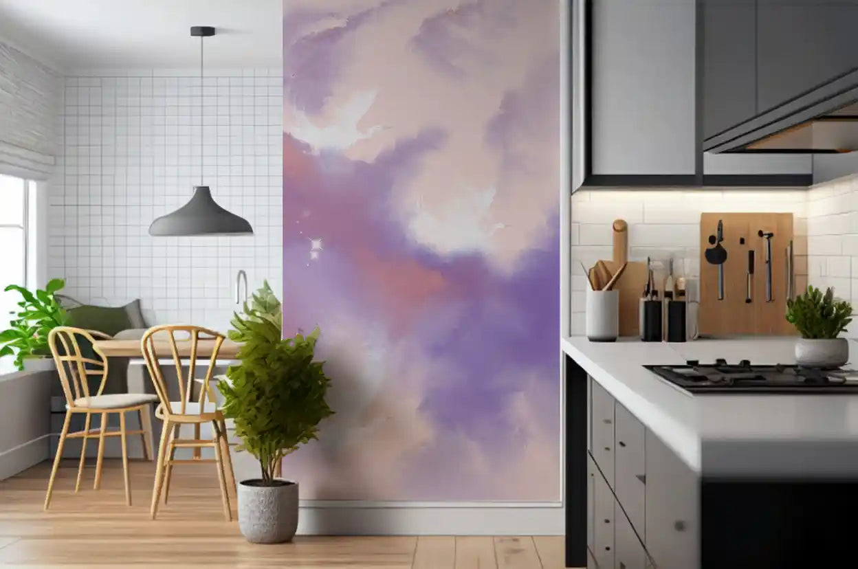 A kitchen-dining area framed by the Lavender Pink Sky Flight Birds wall mural