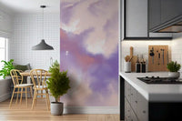 A kitchen-dining area framed by the Lavender Pink Sky Flight Birds wall mural