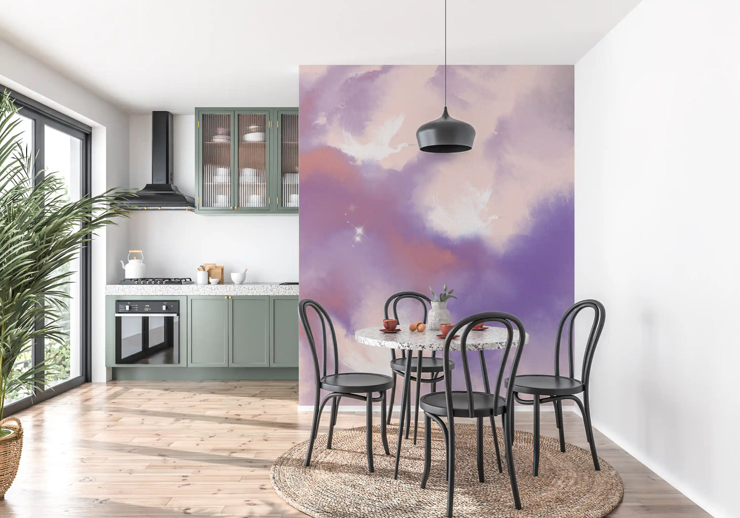 The Ethereal Sky Flight wall mural warms a Kitchen area in pink and lavender