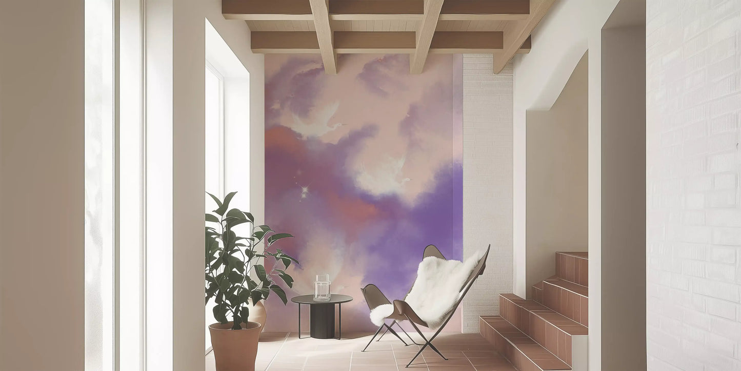 Tiny sparkles dot the open sky between cranes on this Birds wall mural
