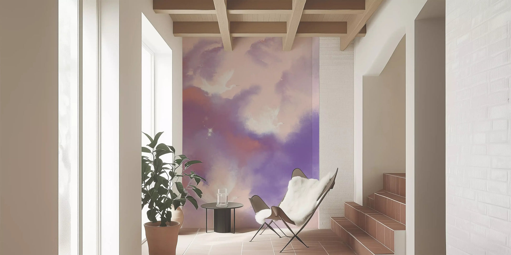 Tiny sparkles dot the open sky between cranes on this Birds wall mural