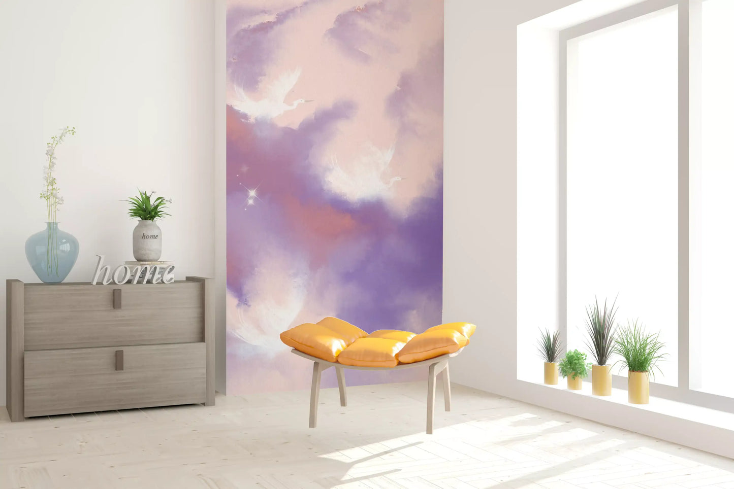Peach warmth eases the cooler purples of the Ethereal Sky Flight wall mural