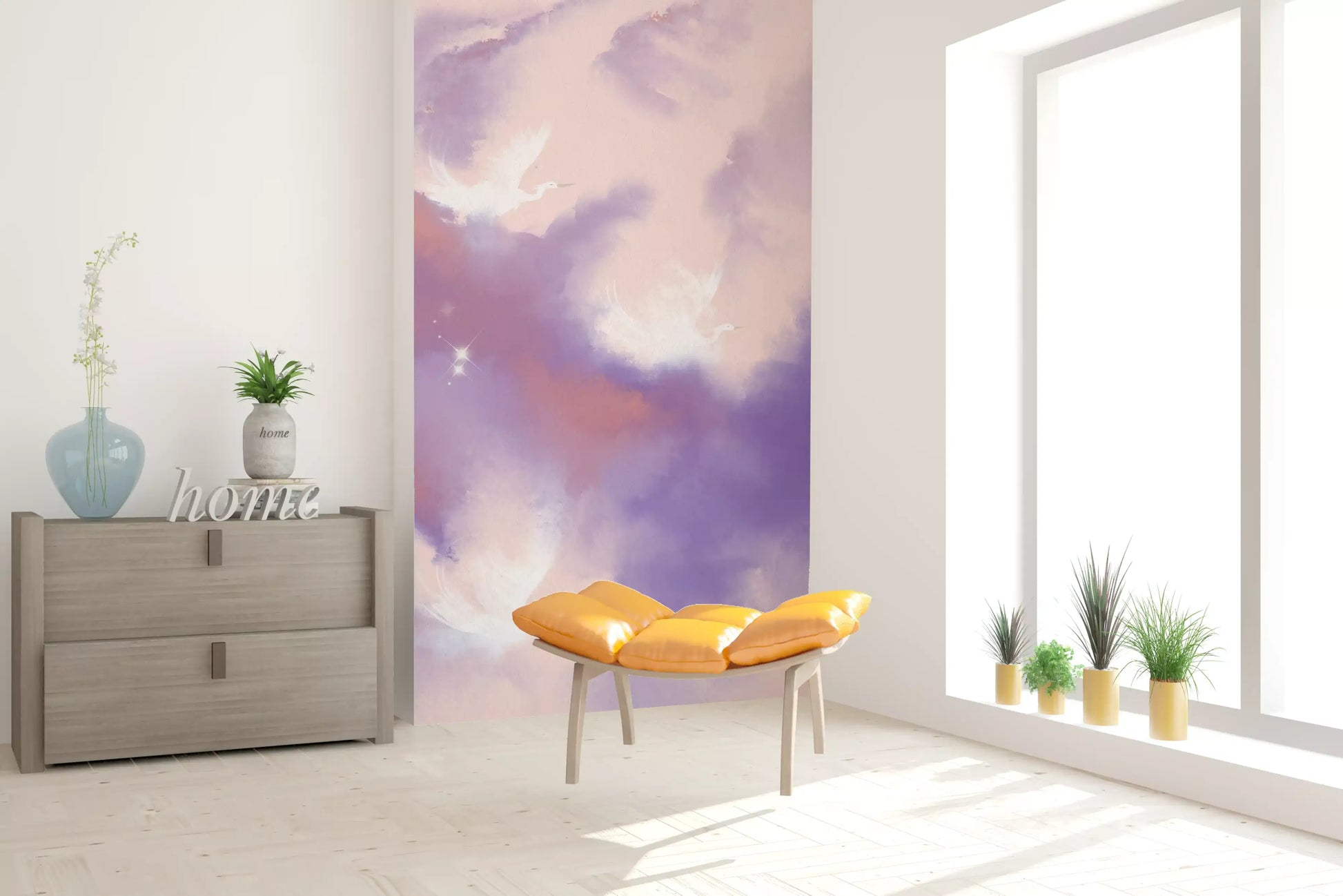 Peach warmth eases the cooler purples of the Ethereal Sky Flight wall mural