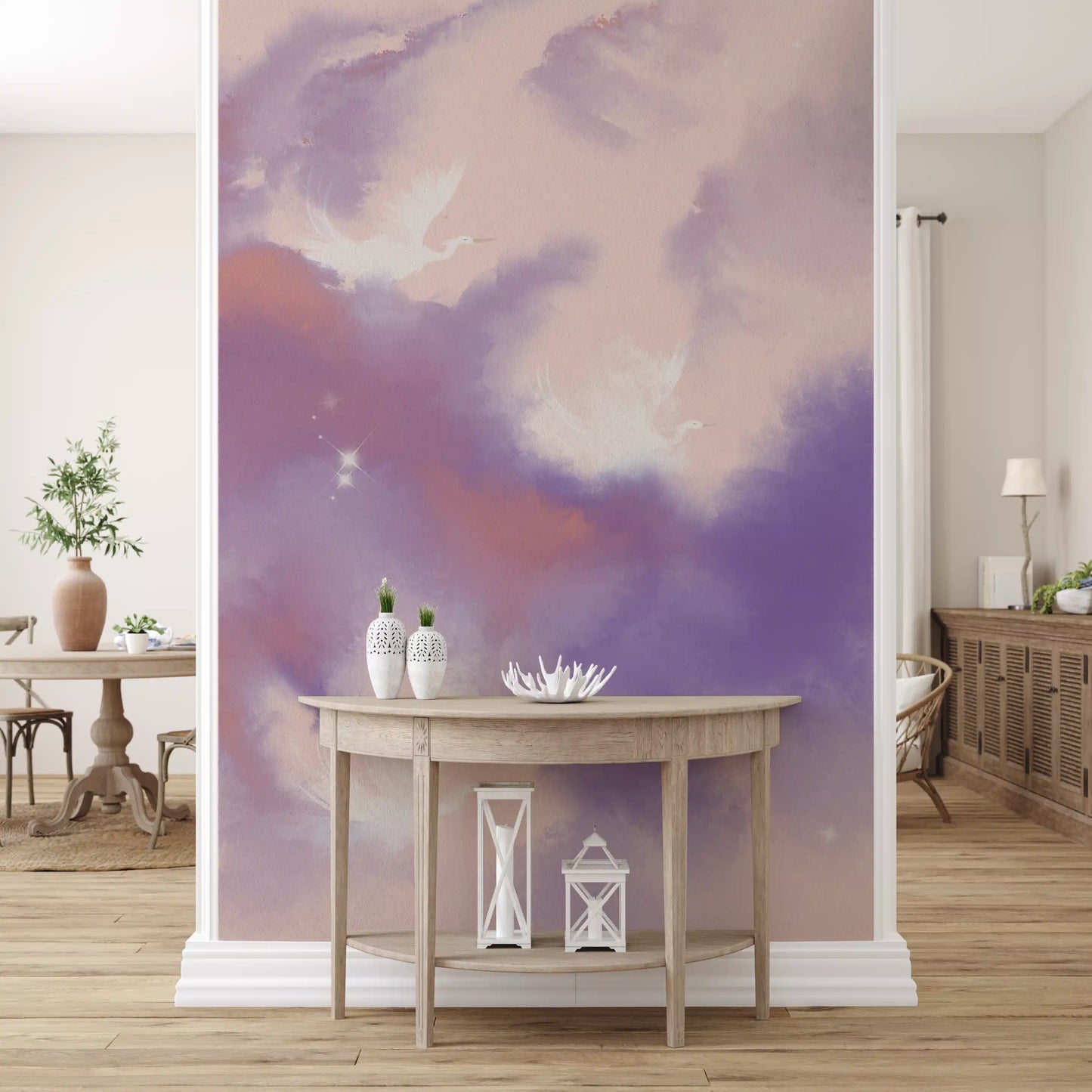hallway glows pink and lavender beneath the Ethereal Sky Flight wall mural