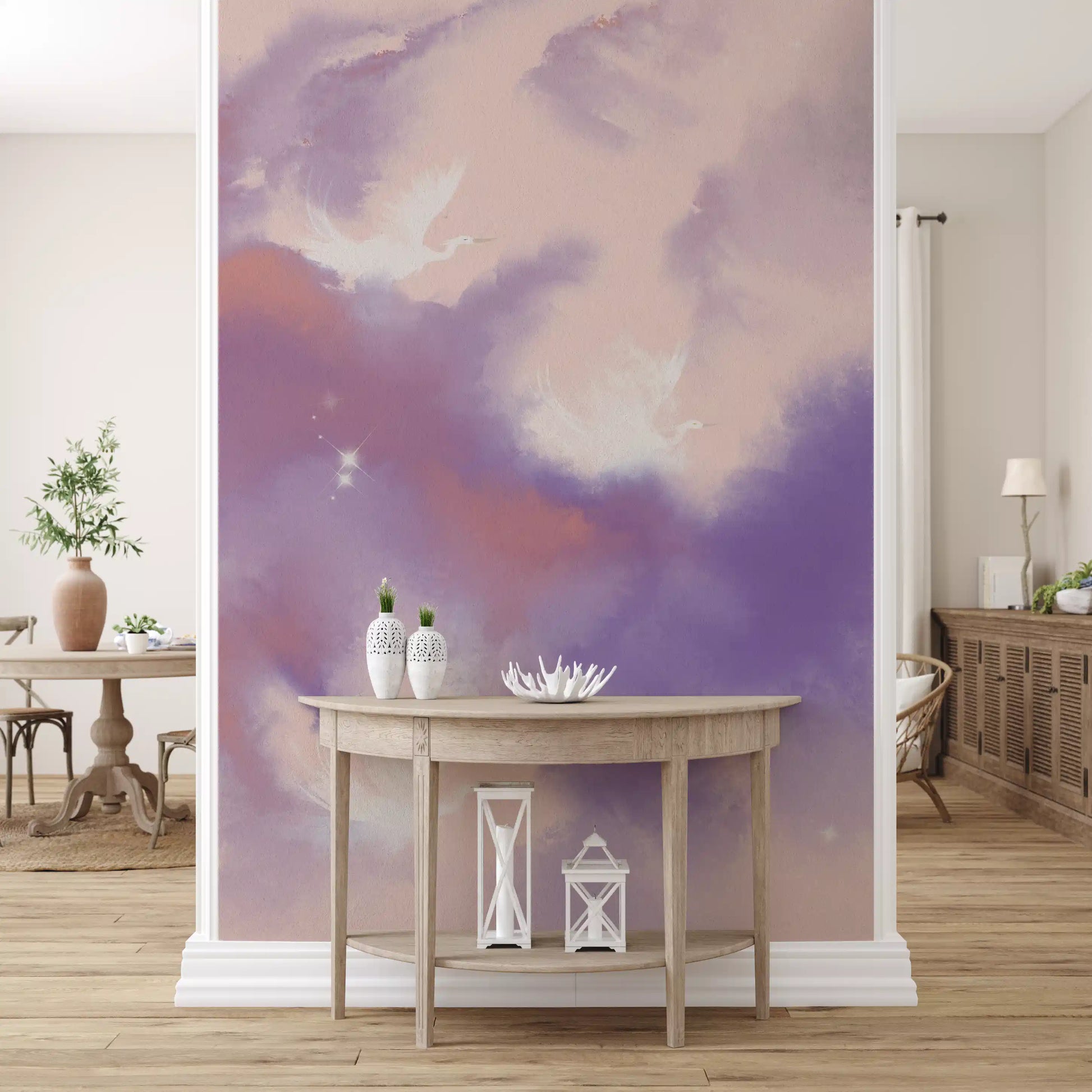 hallway glows pink and lavender beneath the Ethereal Sky Flight wall mural