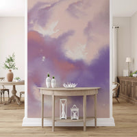 hallway glows pink and lavender beneath the Ethereal Sky Flight wall mural