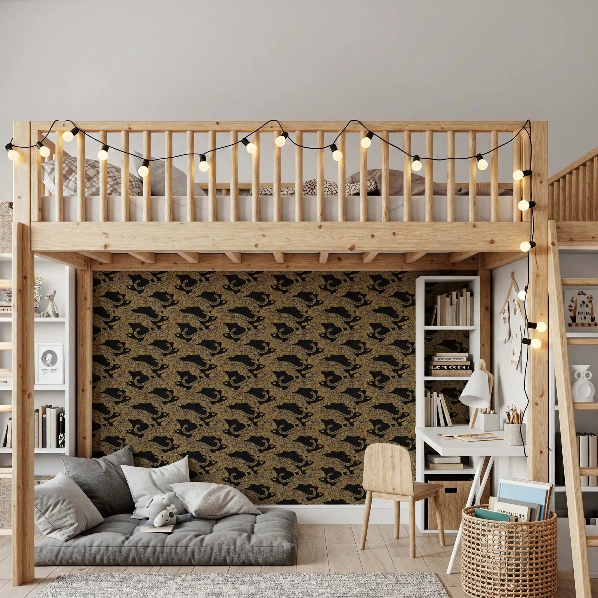 Tawny coats and dark spots define the Prowling Leopards Pattern wallpaper