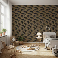 Golden leopards stride across the black Prowling Leopards Pattern wallpaper