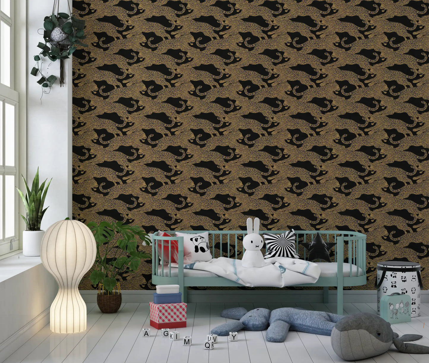 Nursery corner the Leopards Pattern wallpaper adds a tawny, playful 