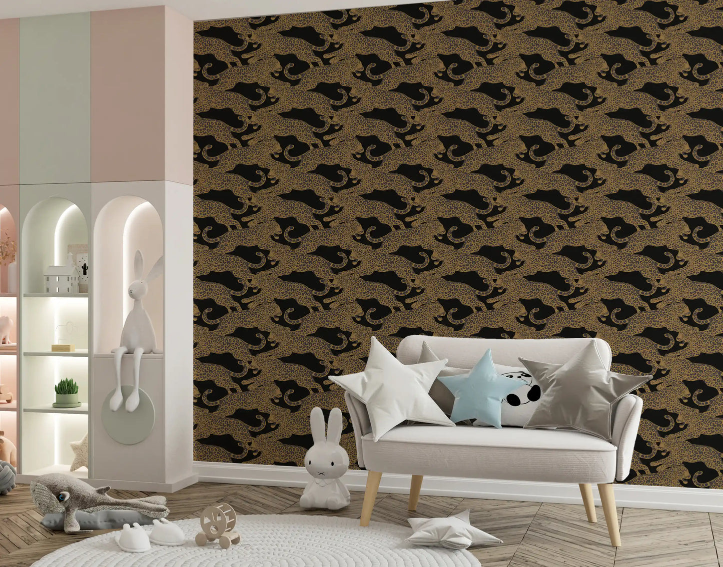 Spotted big cats repeat evenly through this gold and black wallpaper