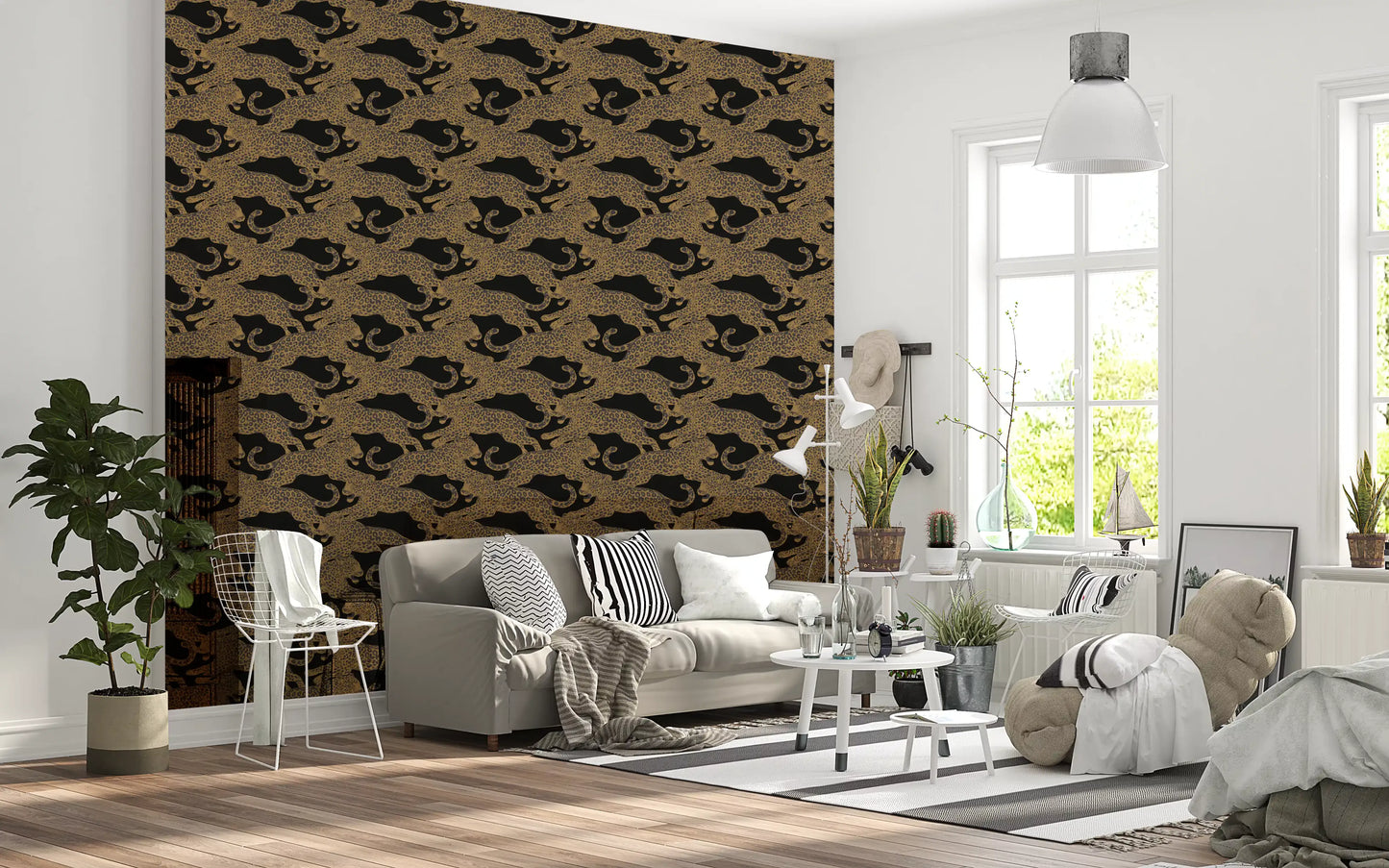 A bold animal motif runs through the Prowling Leopards wallpaper in warm gold