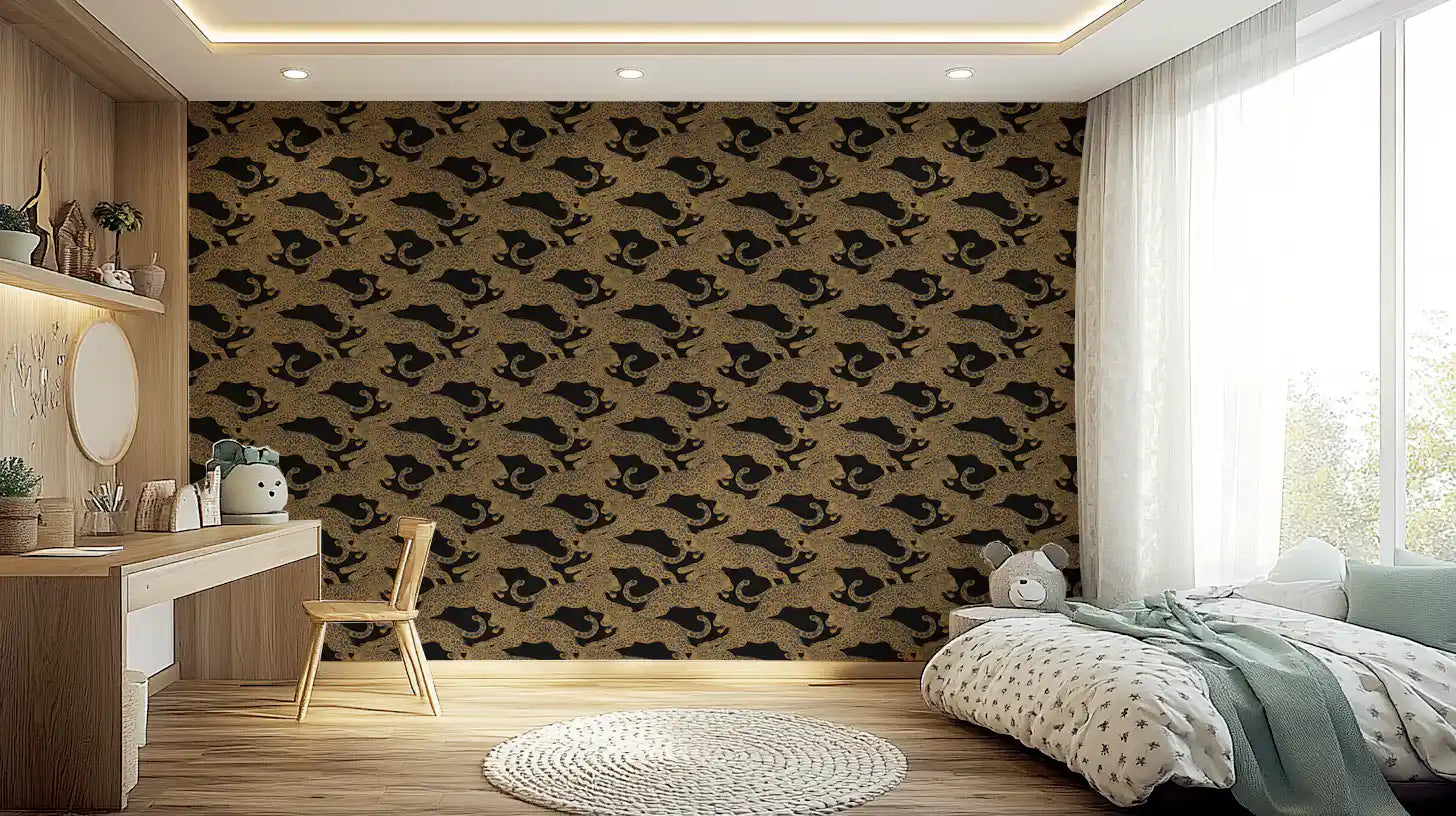 Kids' room dressed in the golden Prowling Leopards Pattern as a warm backdrop 