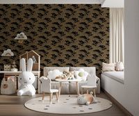 Nursery area by the dark gold Prowling Leopards Pattern wallpaper