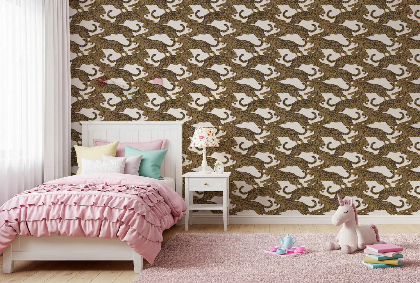 Golden Leopard Chase wallpaper showing big cats leaping in tan and charcoal