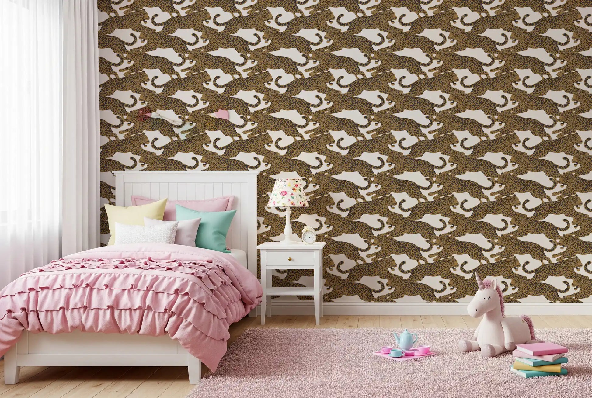 Golden Leopard Chase wallpaper showing big cats leaping in tan and charcoal