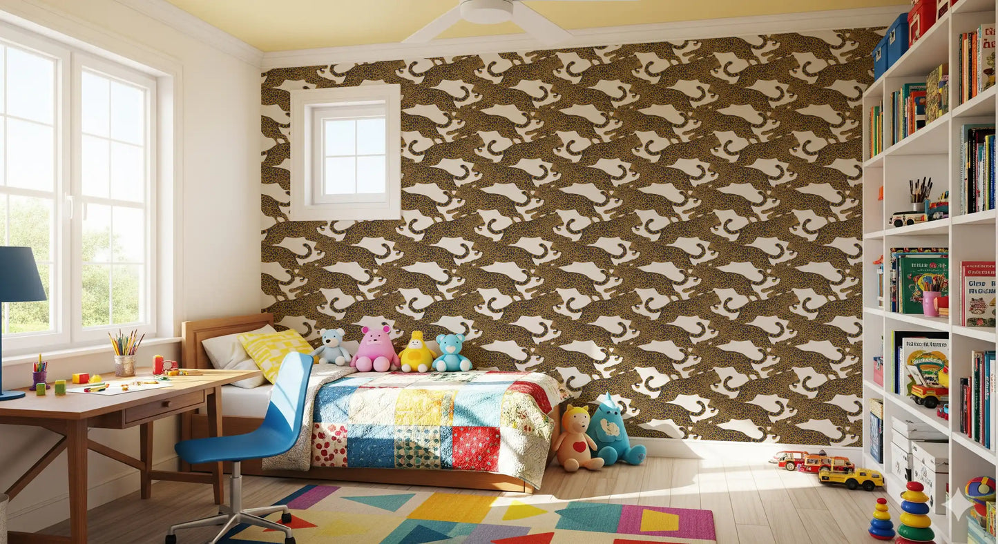 the Kids room, the Golden Leopard Chase wallpaper sets a playful tone