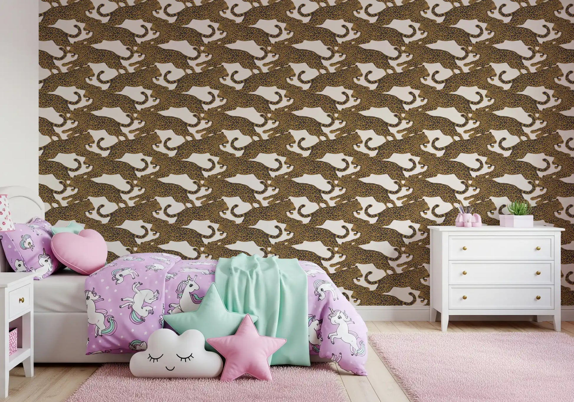 Warm tan and cream carry the Golden Leopard Chase wallpaper pattern