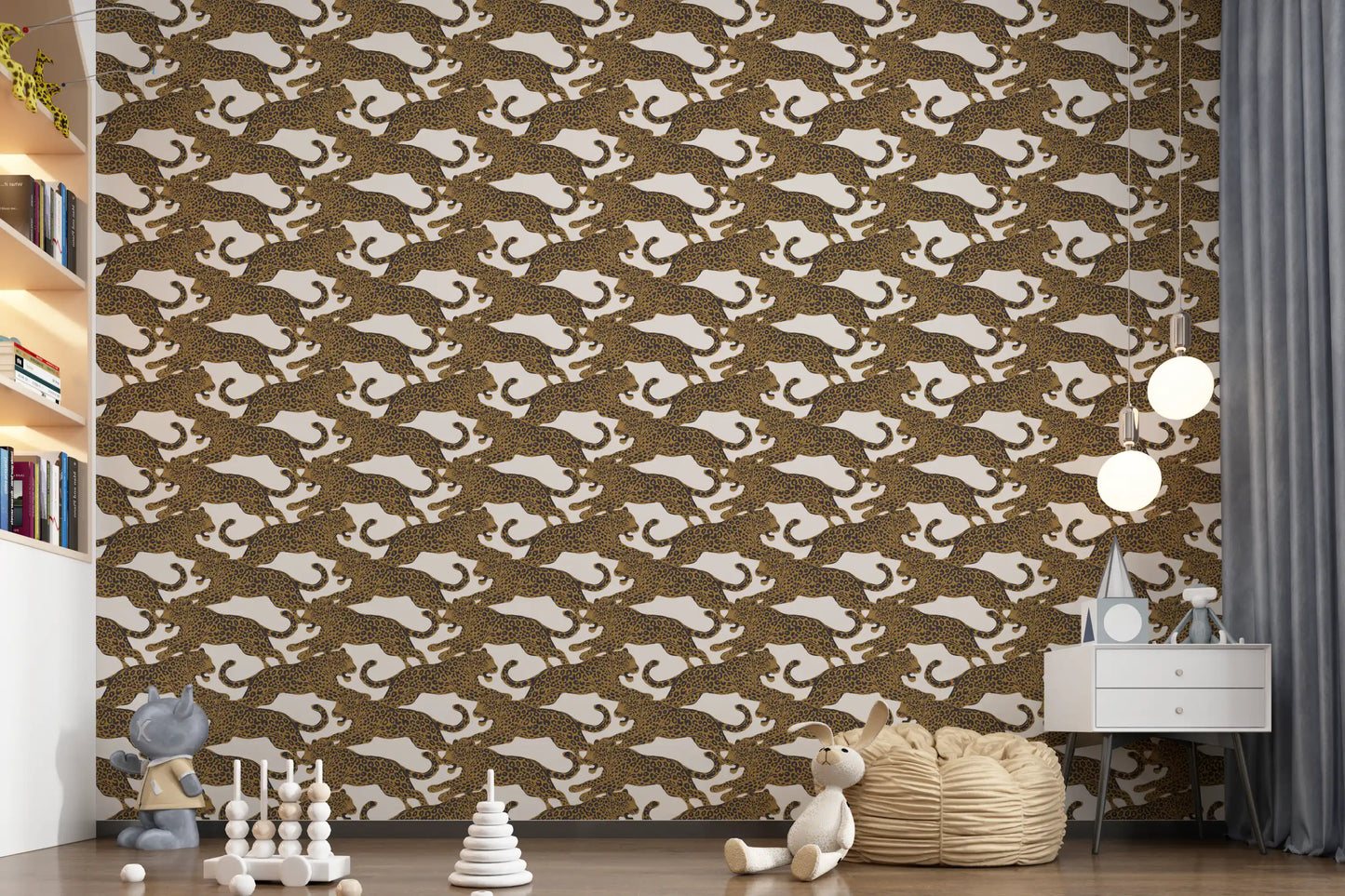 Repeating leopard motif runs diagonally across the Leopard Chase wallpaper