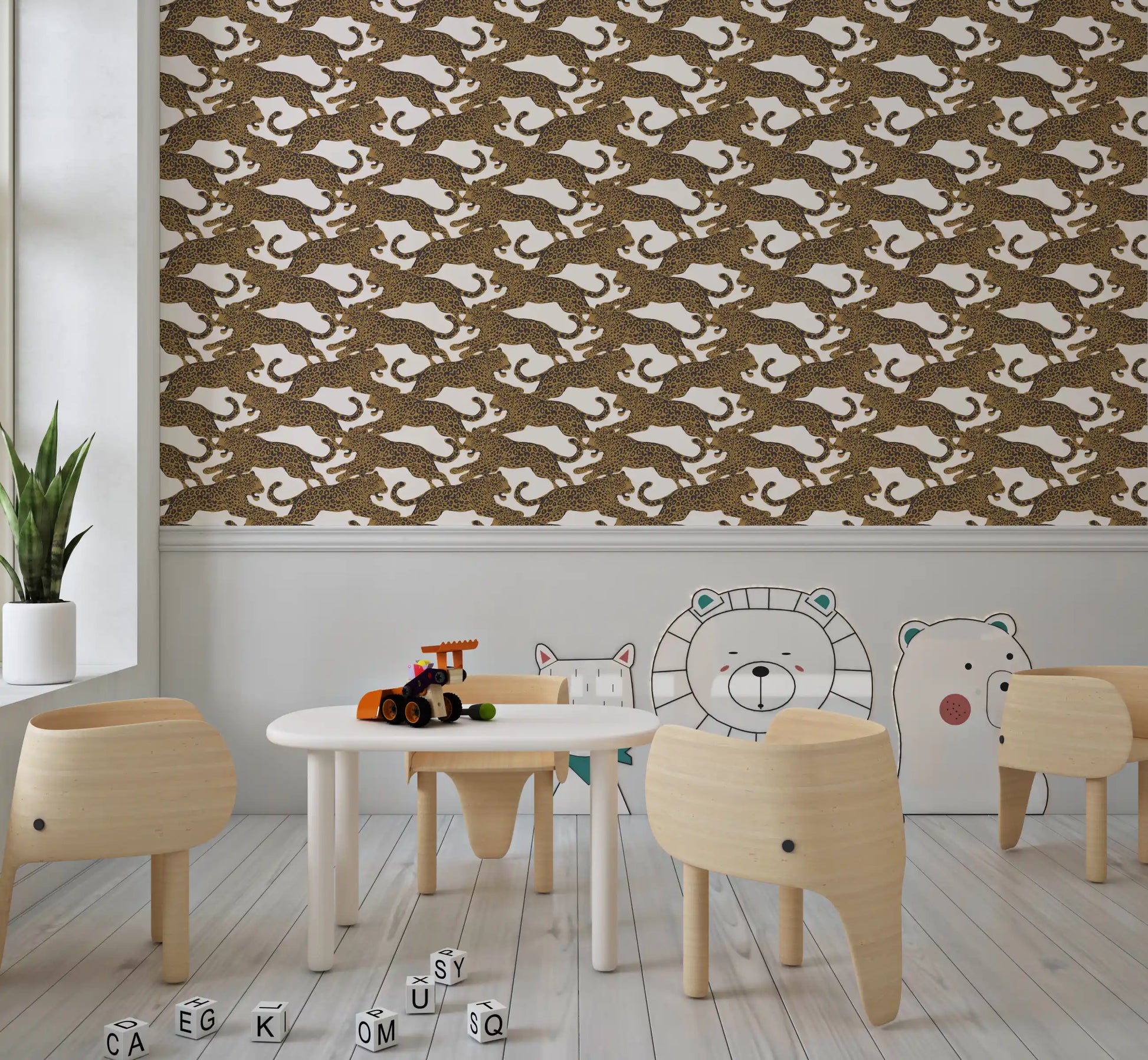 Spotted golden cats stretch and curl on this animal wallpaper