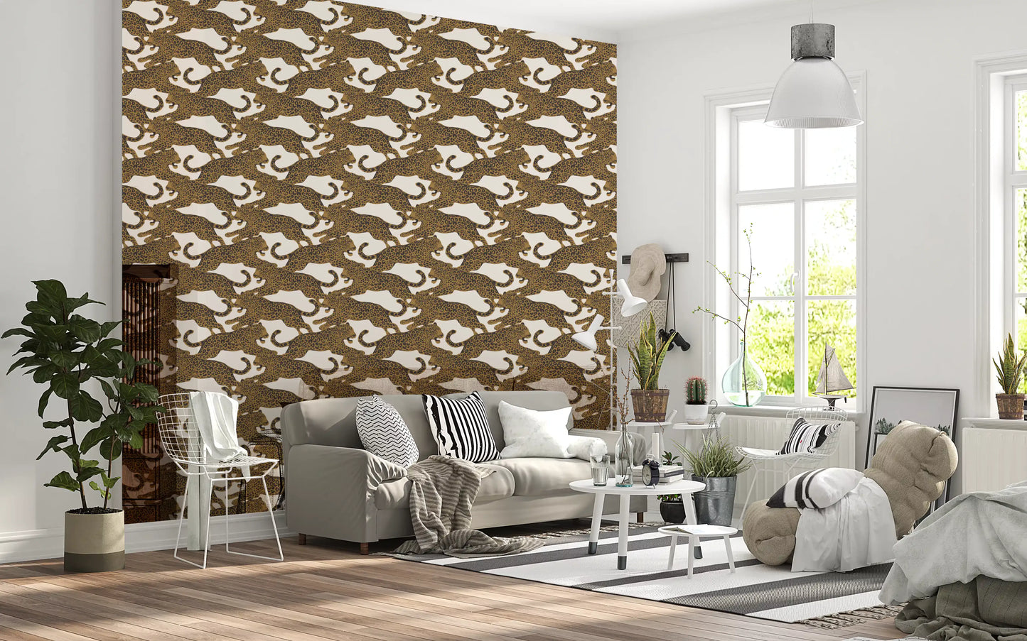 Living room paired with a golden big-cat wallpaper in warm earthy tones