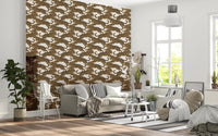 Living room paired with a golden big-cat wallpaper in warm earthy tones