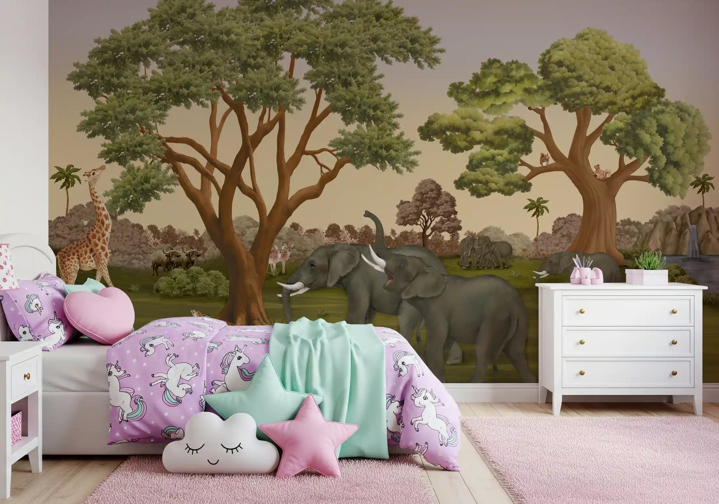 A giraffe grazes at the left edge of this gentle safari wall mural