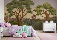 A giraffe grazes at the left edge of this gentle safari wall mural
