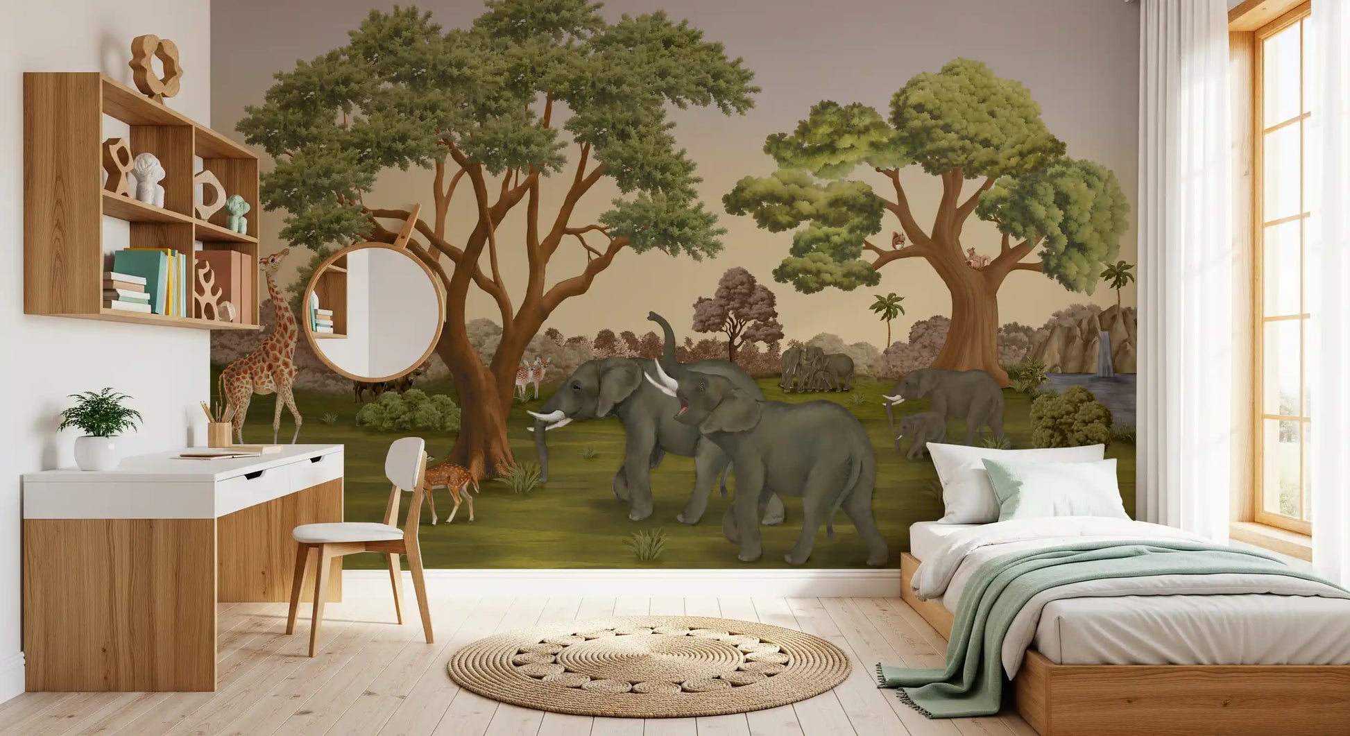 Bedroom area paired with the elephant-filled Savanna Serenity wall mural