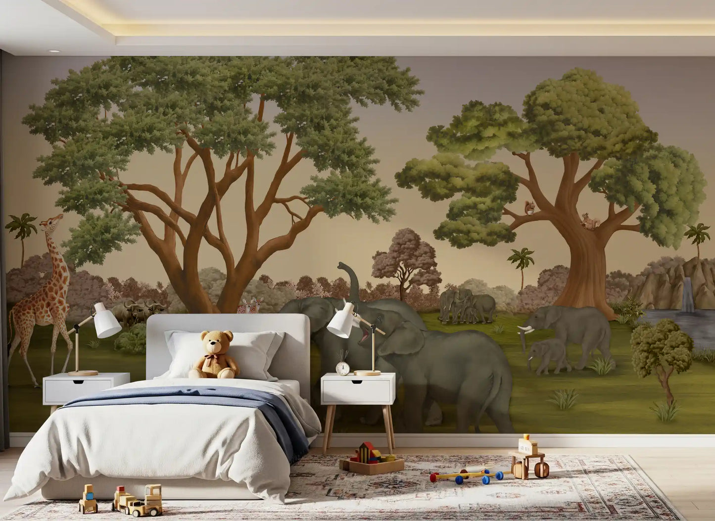 Bedroom backdrop where acacia canopies sit behind a calm wall mural