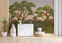 Gentle greens of the savanna wrap a quiet nursery wall mural