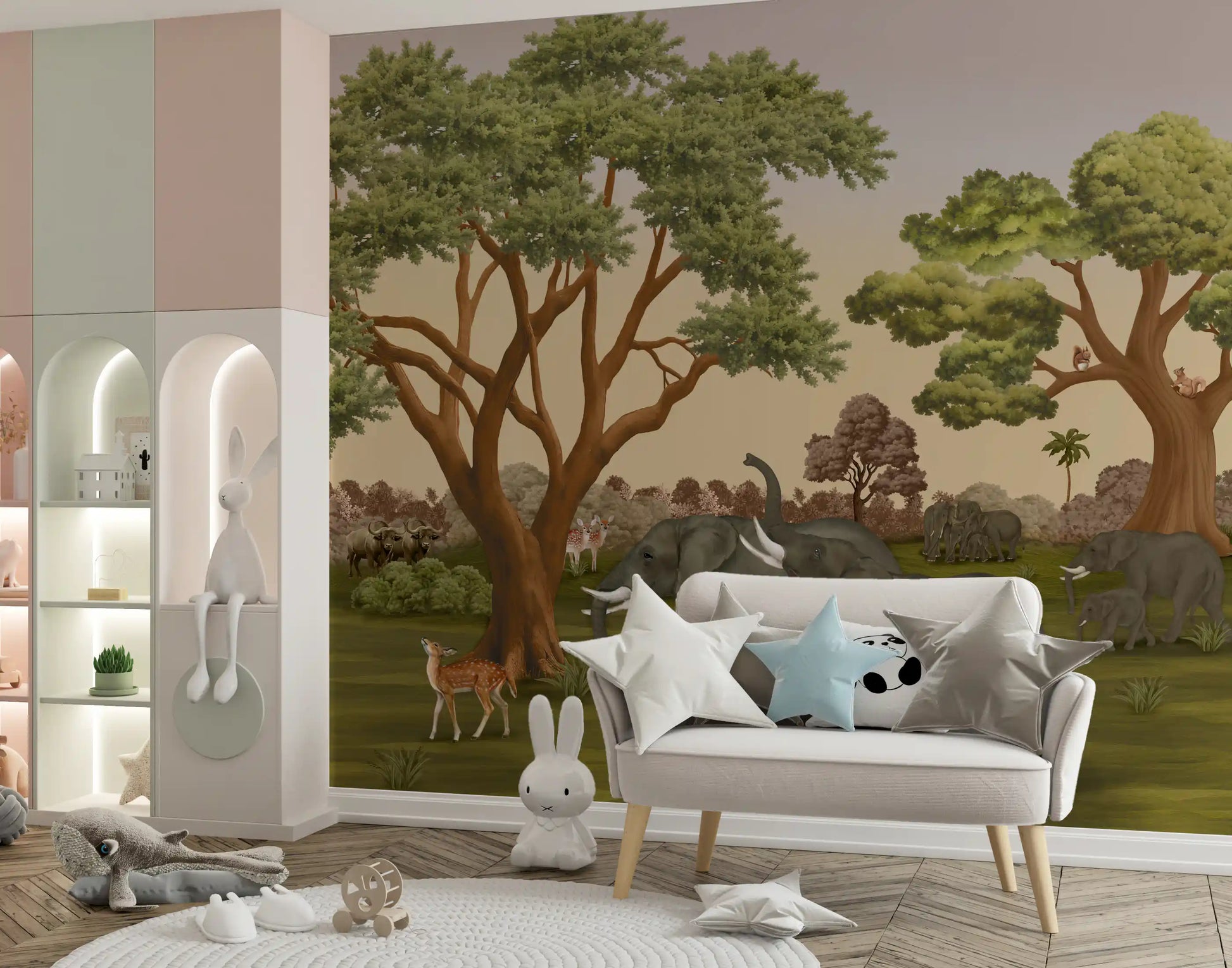 Two elephants stride beneath tall acacia trees on the Savanna Serenity wall mural