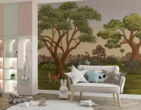 Two elephants stride beneath tall acacia trees on the Savanna Serenity wall mural