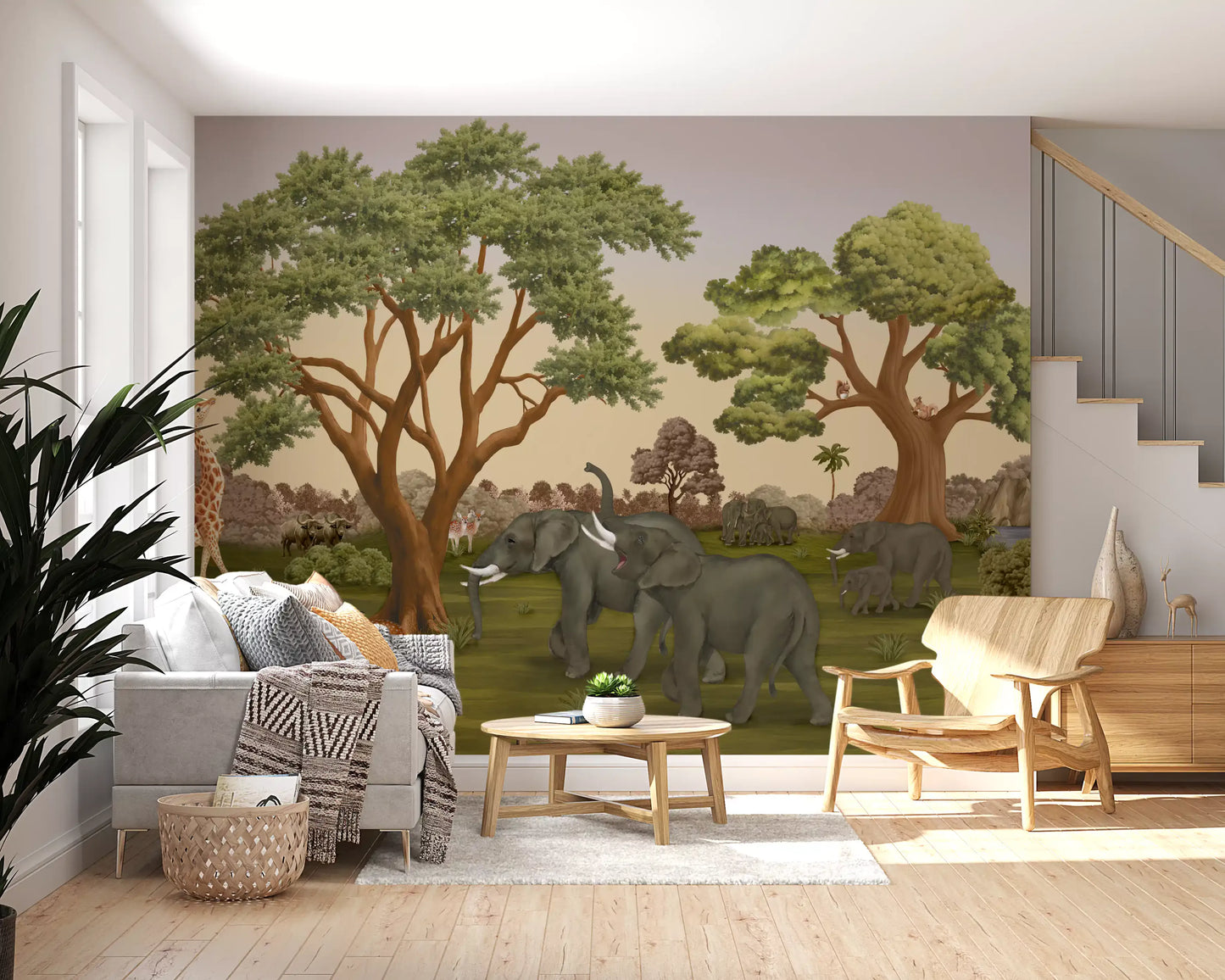 Spotted fawn pauses in the grass below the canopies of the savanna wall mural