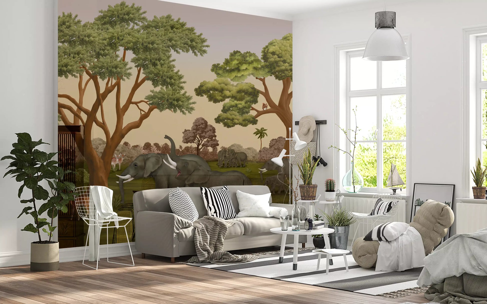 Amber sky glows behind layered green treetops across the Savanna Serenity wall mural