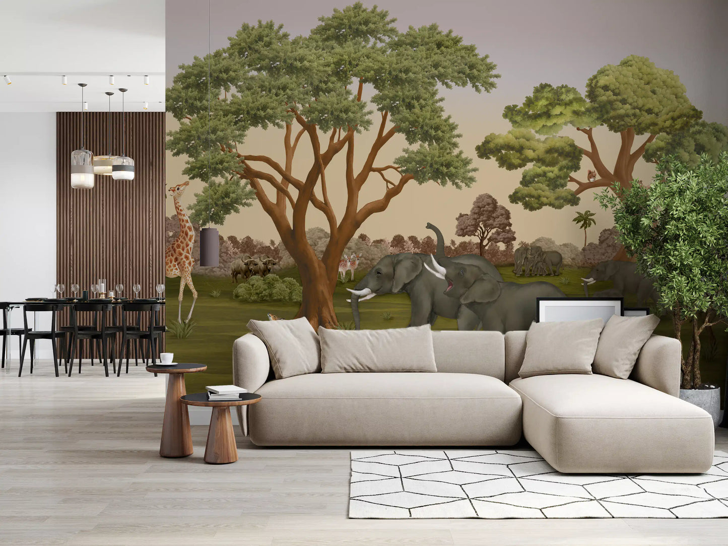 Living room framed by giraffes and elephants on the Savanna Serenity wall mural